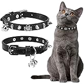 EXPAWLORER Leather Cat Collar for Girl Boy Cats,Black(Rivet &amp; Skull) | Adjustable Pet Collar with Safety Elastic Belt,Personalized Punk Accessories Buckle Collars with Bell for Small Dogs