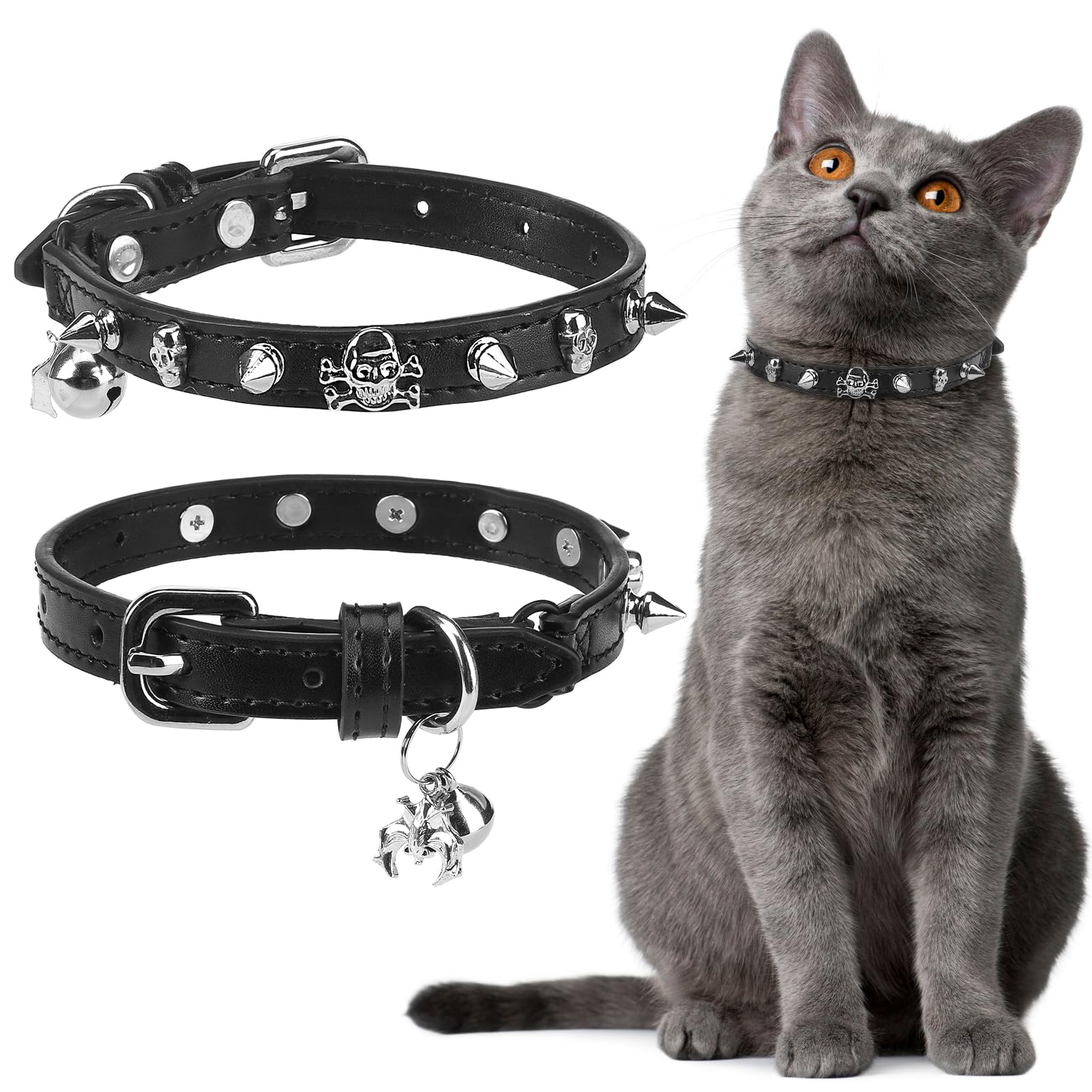 Photo 1 of EXPAWLORER Halloween Cat Collar for Girl Boy- Adjustable Leather Pet Collar with Safety Elastic Belt,Personalized Punk Accessories Buckle Collars with Bell & Durable D-Ring, Rivet (Black)