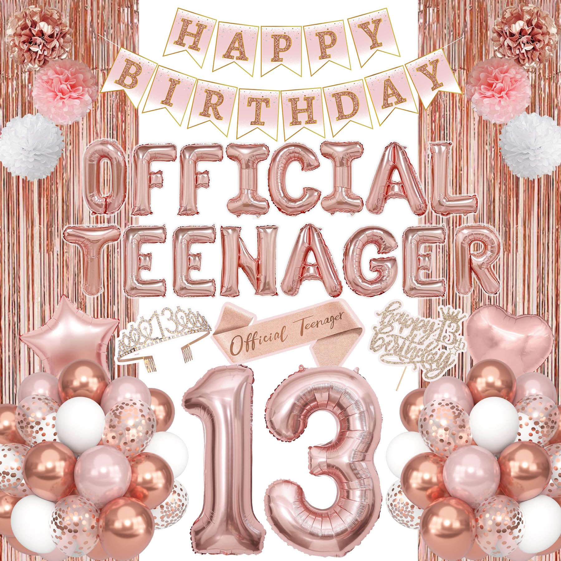 Photo 1 of 13th Birthday Party Decorations for Girls, Rose Gold Official Teenager Foil Balloons 13th Birthday Banner Fringe Curtain Crown Sash Paper Pompoms Cake Topper for 13 Year Old Girls Party Favor Supplies