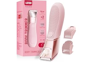 LGTGH Bikini Trimmer for Women: Pubic Hair Razor with Mirror & LED Light, Electric Shaver with Travel Lock & Ceramic Blades - Body Groomer IPX7 Waterproof Use for Legs/Arm/Underarm - Baby Pink
