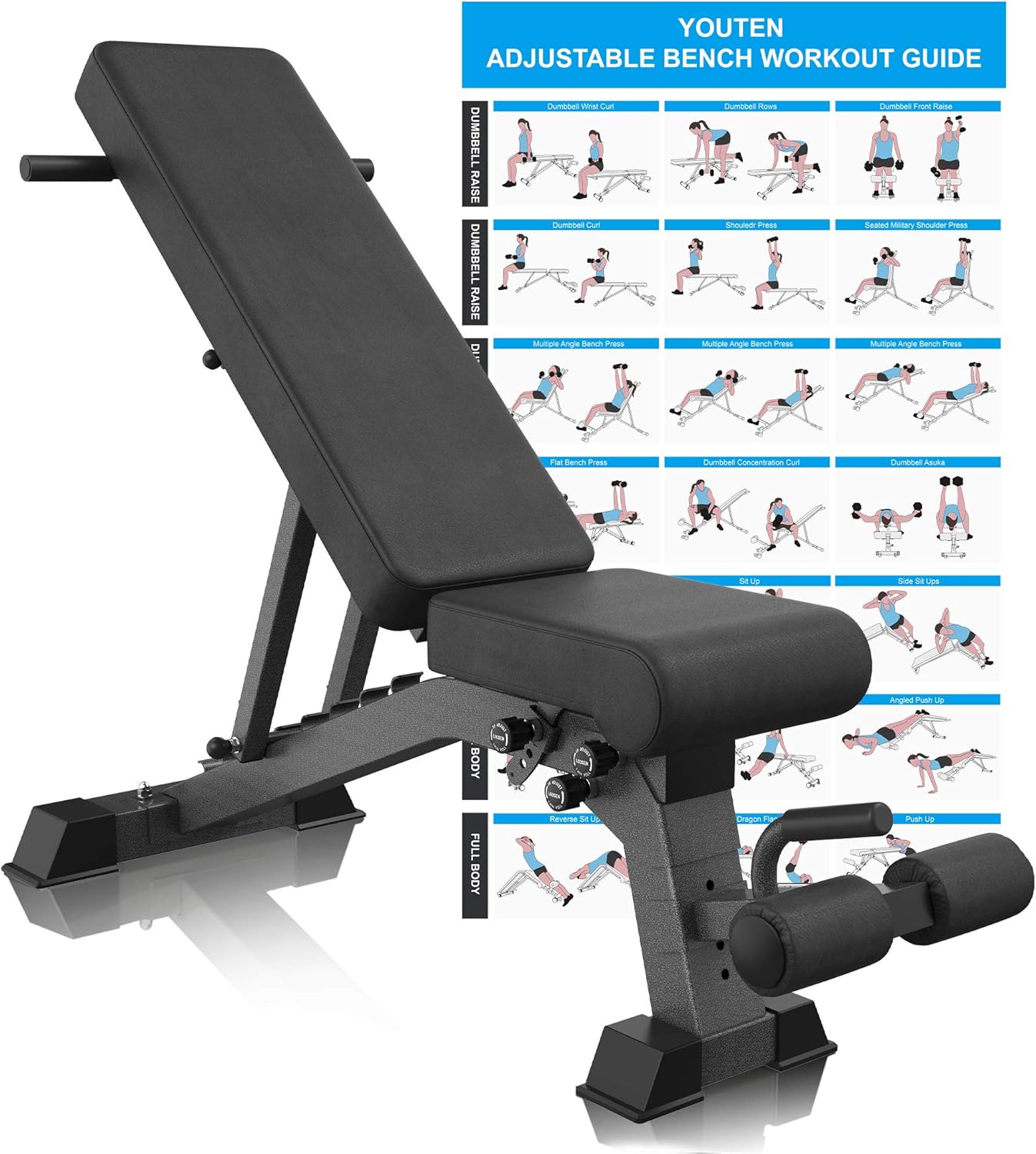 YouTen Adjustable 9 Positions Incline Decline Sit Up Bench Improved Cushion for Exercise, Handles for Dragon Flag, Rated Full Body Workout Foldable Bench for Dragon Flag (Black) : Sports & Outdoors