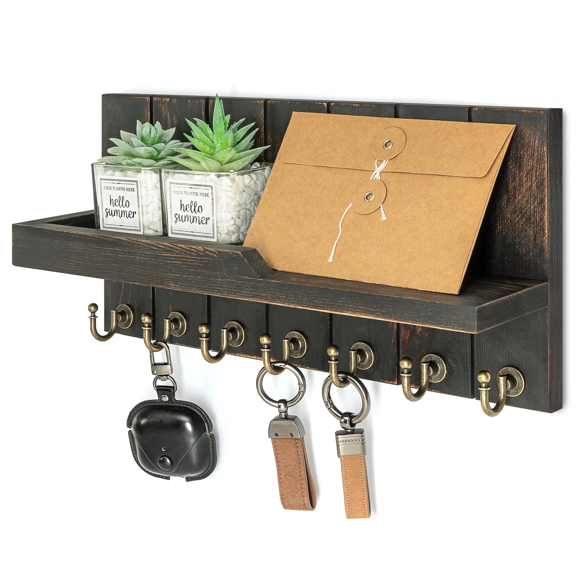 Rebee Vision Farmhouse Key Holder Wall Mount for Home Decor- Rustic Wooden Key Holder for Wall with Floating Shelf & 7 Sturdy Hooks - Ideal Mail Holder for Home Storage (Distressed Black)