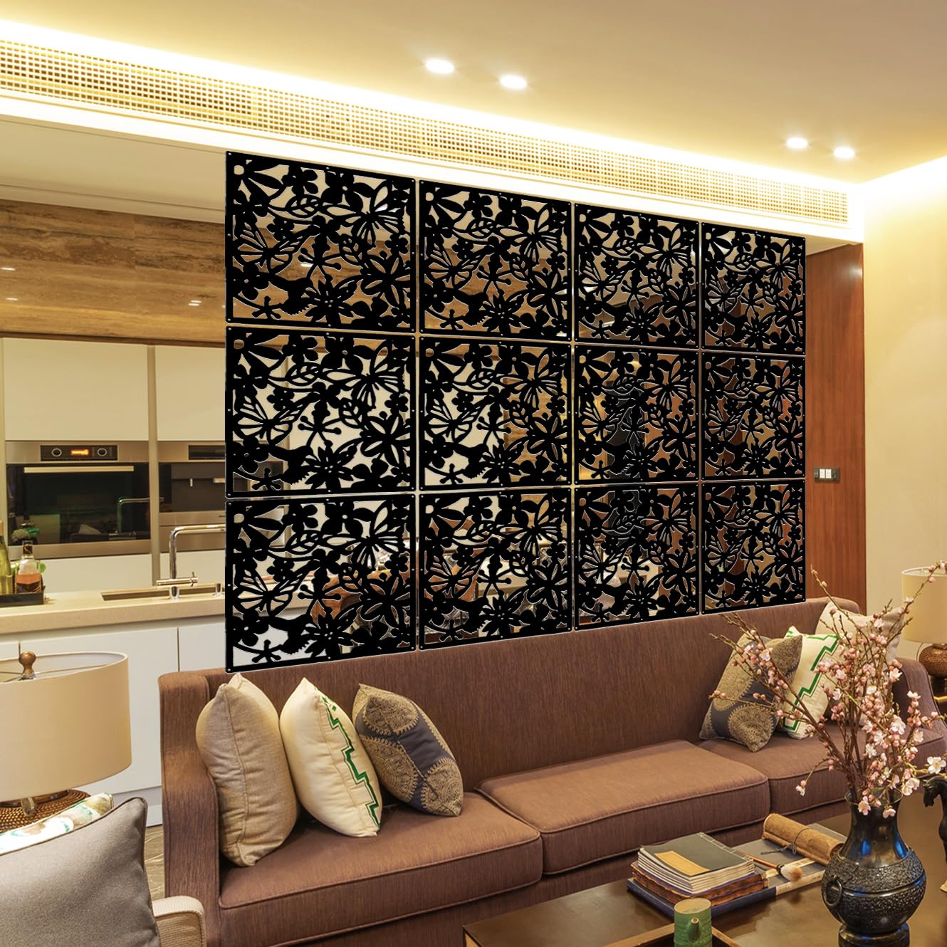 LRZCGB Hanging Room Divider,12pcs PVC Screen Panel with Butterfly Flower for Living Dining Study Sitting-Room Hotel Bar Decoration(Black)