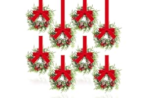 Dingion 8 Pcs Mini Christmas Kitchen Cabinet Wreath Small Christmas Wreath Decorations Norfolk Pine Artificial Berries Snowy Pine Garland with Red Ribbon for Xmas Table Centerpiece Front Door Decor