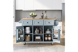 Merax Rolling Mobile Kitchen Island Cart Breakfast Bar with Wood Top, Door Internal Storage Racks, 3 Drawers and 5 Wheels for