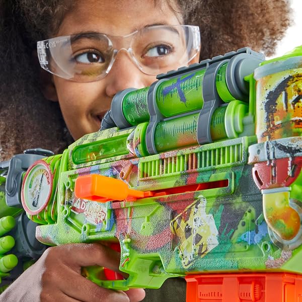NERF ZOMBIE CORRUPTER DART BLASTER, 22 NERF ELITE DARTS, 18 DART CLIP, DART STORAGE, BOLT ACTION, OUTDOOR GAMES, AGES 8+