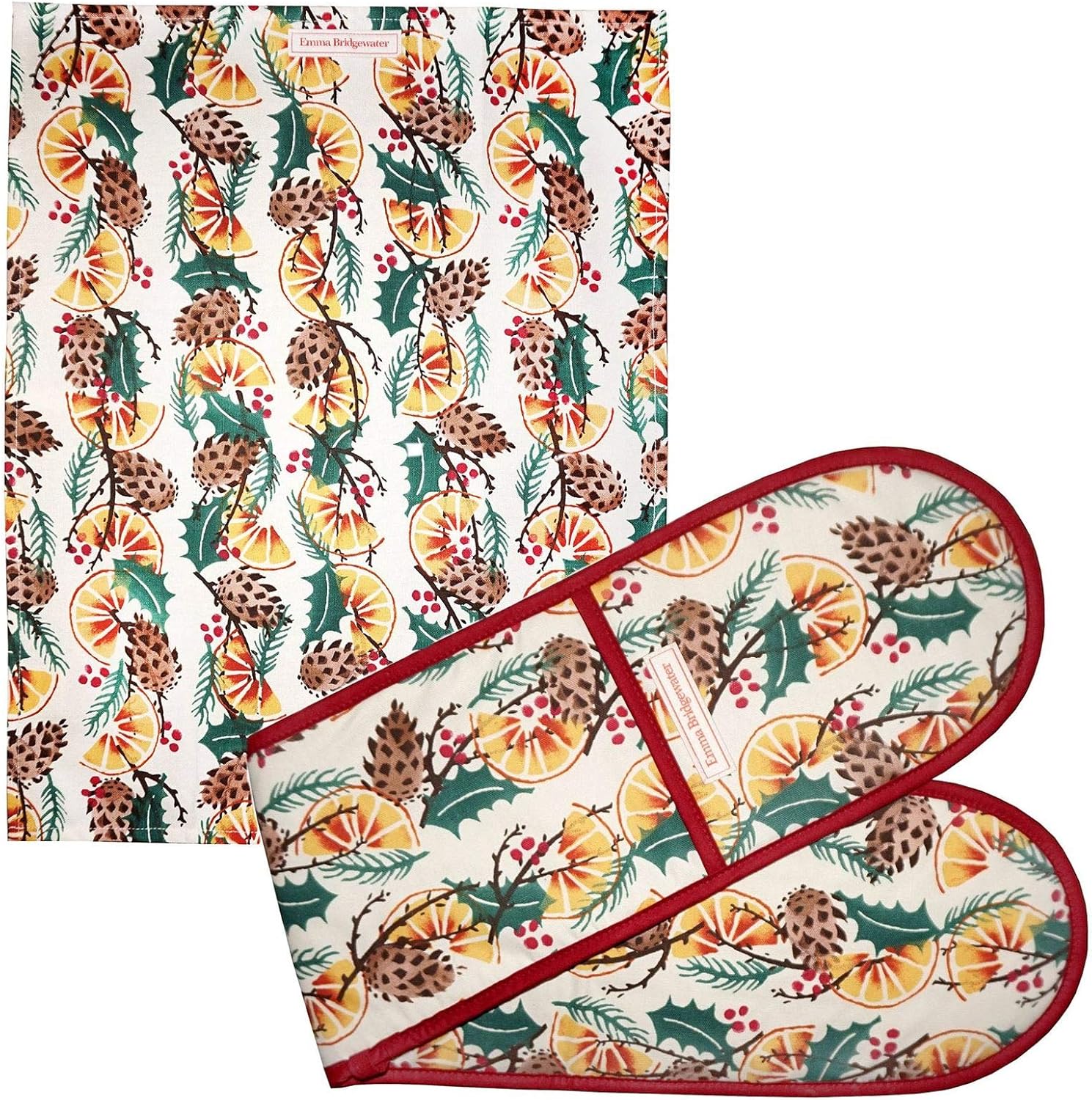 Emma Bridgewater Cotton Double Oven Glove & Tea Towel Set Holly Wreath