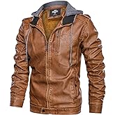 HOOD CREW Men’s Black Brown Coffee Stand Collar Warm PU Faux Leather Zip-Up Motorcycle Jacket with a Removable Hood