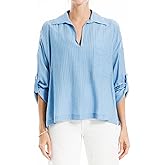 Max Studio Women's Spring 2023 Fashion Everyday Tab Sleeve V-Neck Casual Solid Blouse with Collar Shirt, Blue, X-Small