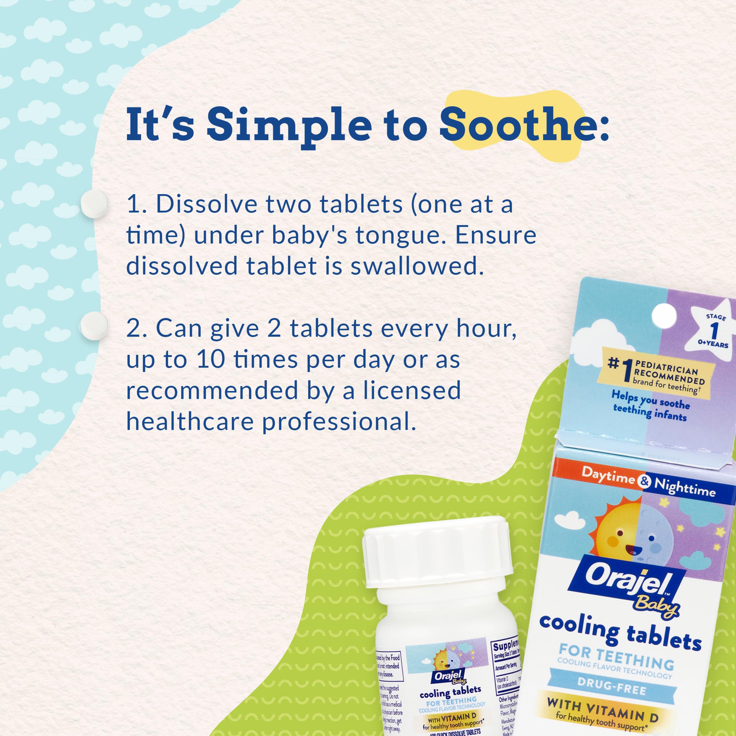 Orajel Baby Cooling Tablets for Teething with Vitamin D, 100 Quick Dissolve Tablets,White