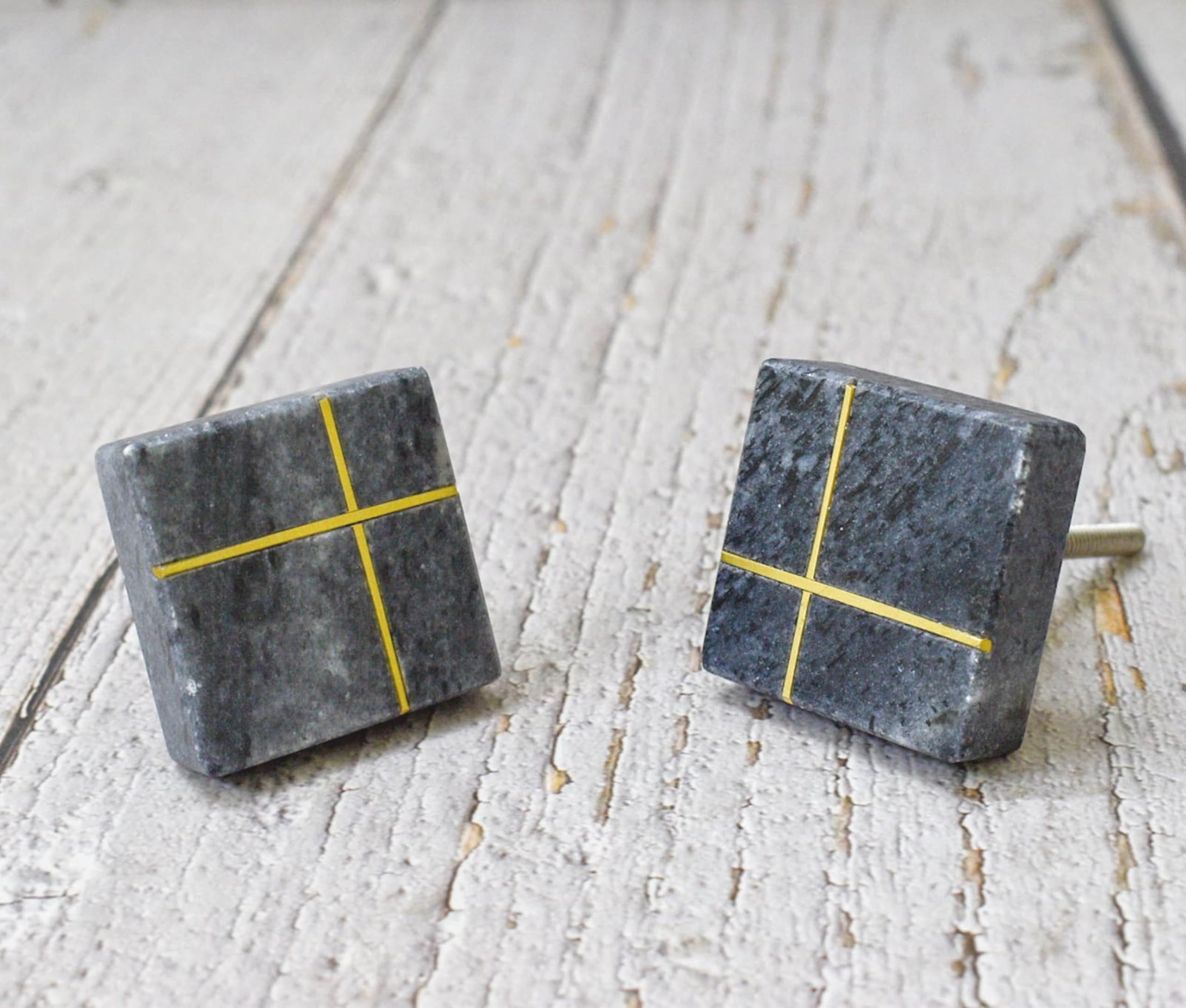 ARTISNO Square Marble Brass Knob, Modern Cabinet Knob, Decorative Hardware, Furniture Hardware, Cabinet Handles, Dresser Pull (Grey), Set-6