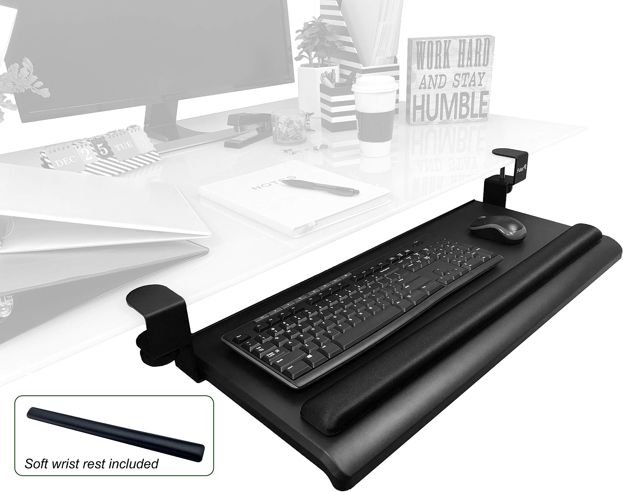 Futur3 Extra Wide Clamp on Keyboard Tray Under Desk - Easy Installation - No Need to Screw into Desk - Suits Keyboard and Mouse Sliding Drawer - Perfect for Office or Home - (Includes Wrist Rest)