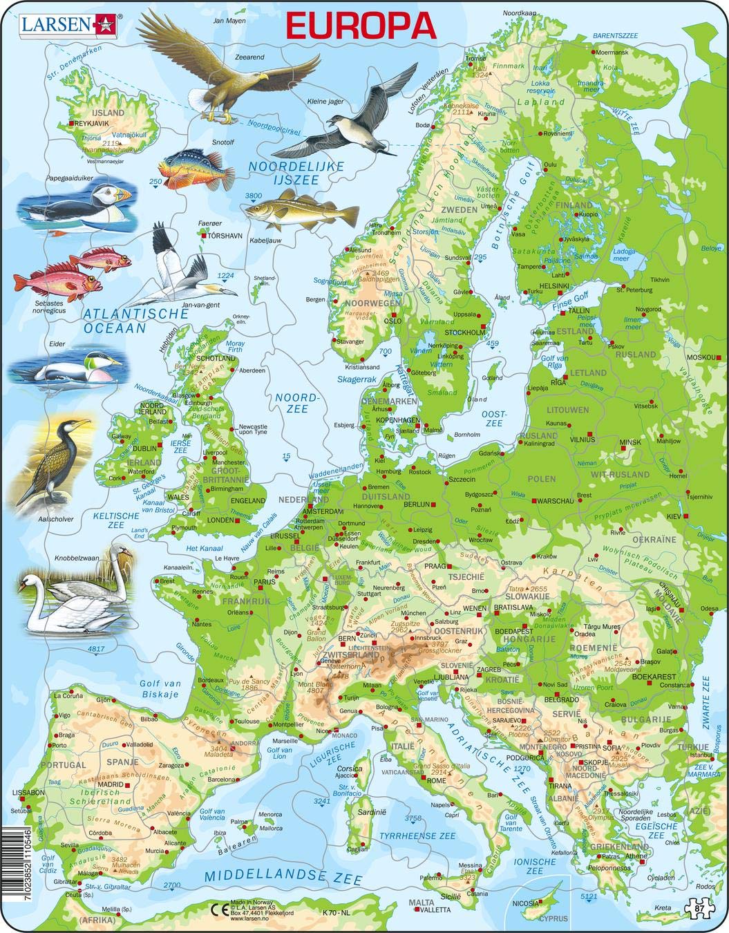 Larsen K70 Europe Topographic Map, Dutch Edition, 87 Piece Boxless Tray & Frame Jigsaw Puzzle