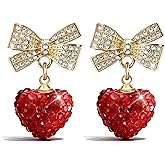 Red Heart Earrings Valentines Day Gifts for Her Bow Dangle Sparkly Rhinestone Jewelry Accessories Cute Valentine Earrings Trendy Holiday Outfit Gift Idea