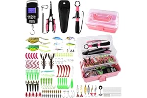 MOUHIKE 3-Layer Pink Fishing Tackle Box with Tackle Included, Fishing Gear Kit Includes Pliers Fish Lip Gripper Scale Crankbait Spinnerbaits Soft Baits Hooks, Ideal Gift for Angler Saltwater Freshwater