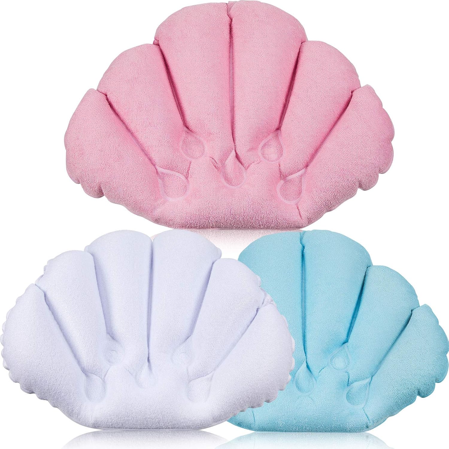 3 Pieces Inflatable Bath Pillow with Suction Cups, Terry Cloth Covered Bath Pillow Shell Shape Bathtub Spa Pillow Comfortable Soft Bath Cushion, Neck Support for Bathtub, Hot Tub (Pink, Green, White) : Beauty
