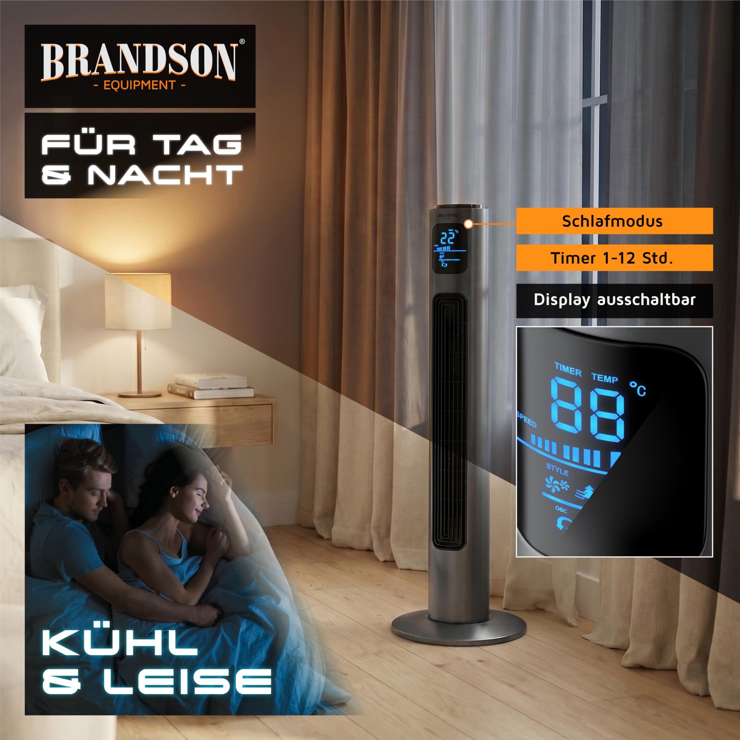 Brandson - Turmventilator mit Fernbedienung 96 cm - Preisträger 2026 - mobiler Lüfter leise - Standventilator mit Oszilation - 3 Geschwindigkeiten 3 Lüftungs-Modi Timer - Ventilator mit GS - Cool Grey 5