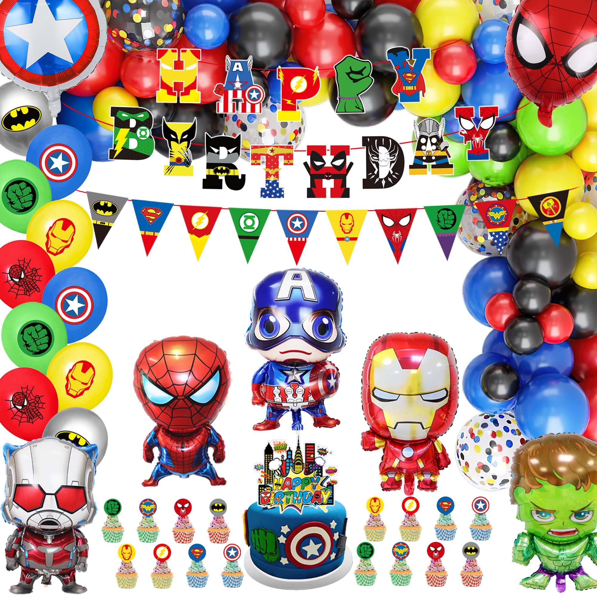 Photo 1 of Cartoon Themed Birthday Party Decorations Set, Hero Themed Party Favors, Party Supplies Set Include Banner, Foil Balloons,Printed Balloons