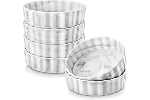 MALACASA Quiche Tart Pan, 5 inch Baking Pie Pan, Porcelain Ramekins Mini Fluted Quchi Baking Dish for Creme Brulee Mini Cheesecake Small Custard Pizza Individual Portions Dishes, Set of 6 (7oz)