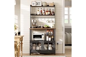 ChooChoo Farmhouse Coffee Bar Cabinet with Storage, Bakers Rack with Power Outlets, Microwave Stand Kitchen Cabinet with Hutc