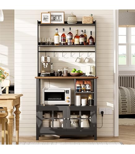 TITIMO Farmhouse Bakers Rack With Trash Can Cabinet & Outlets – 6-Tier Kitchen Coffee Bar Station