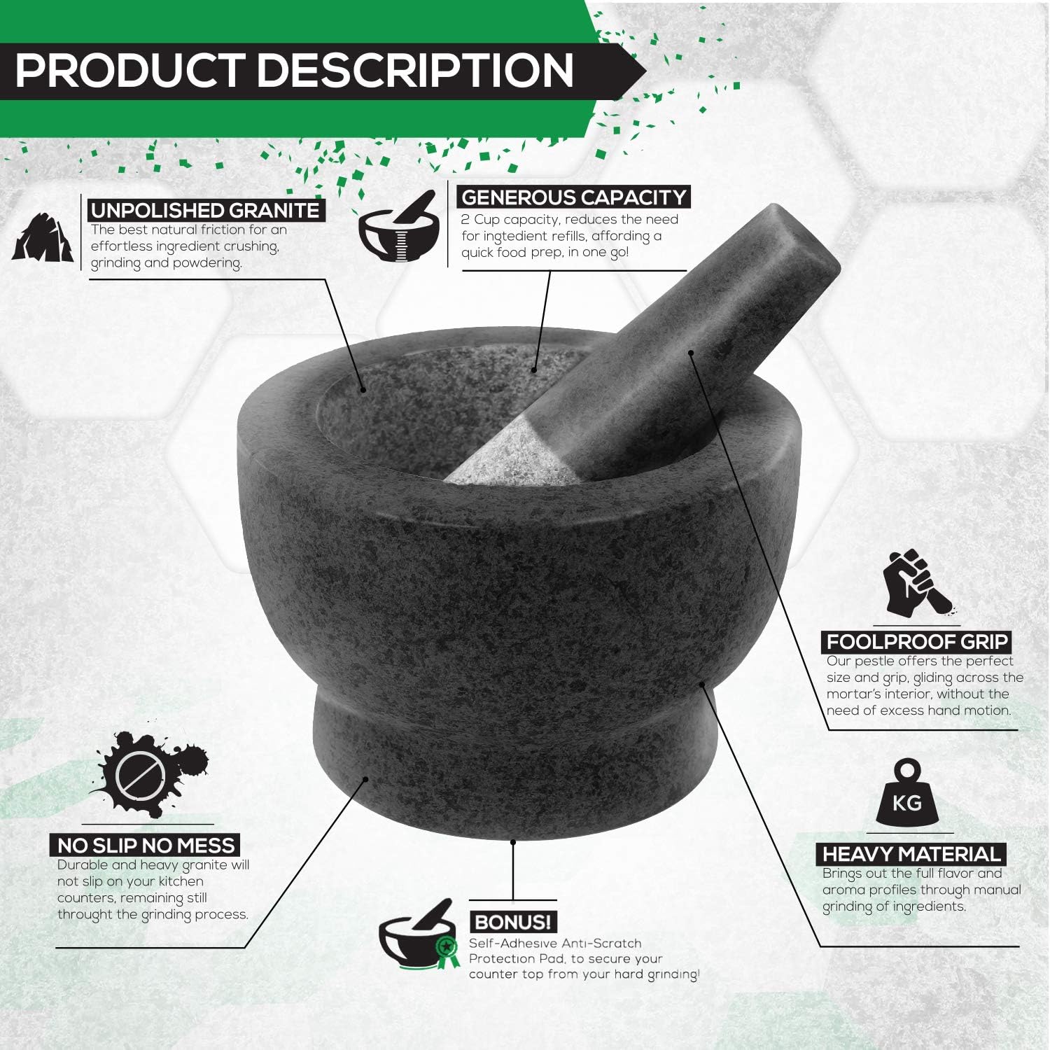 ChefSofi Mortar and Pestle Set - Black Polished Exterior - 6 inch - 2 Cup Capacity: Kitchen & Dining