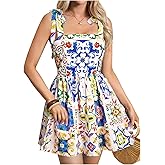 MakeMeChic Women's Summer Floral Mini Dress Shirred Tie Shoulder Sleeveless A Line Short Cami Sundresses