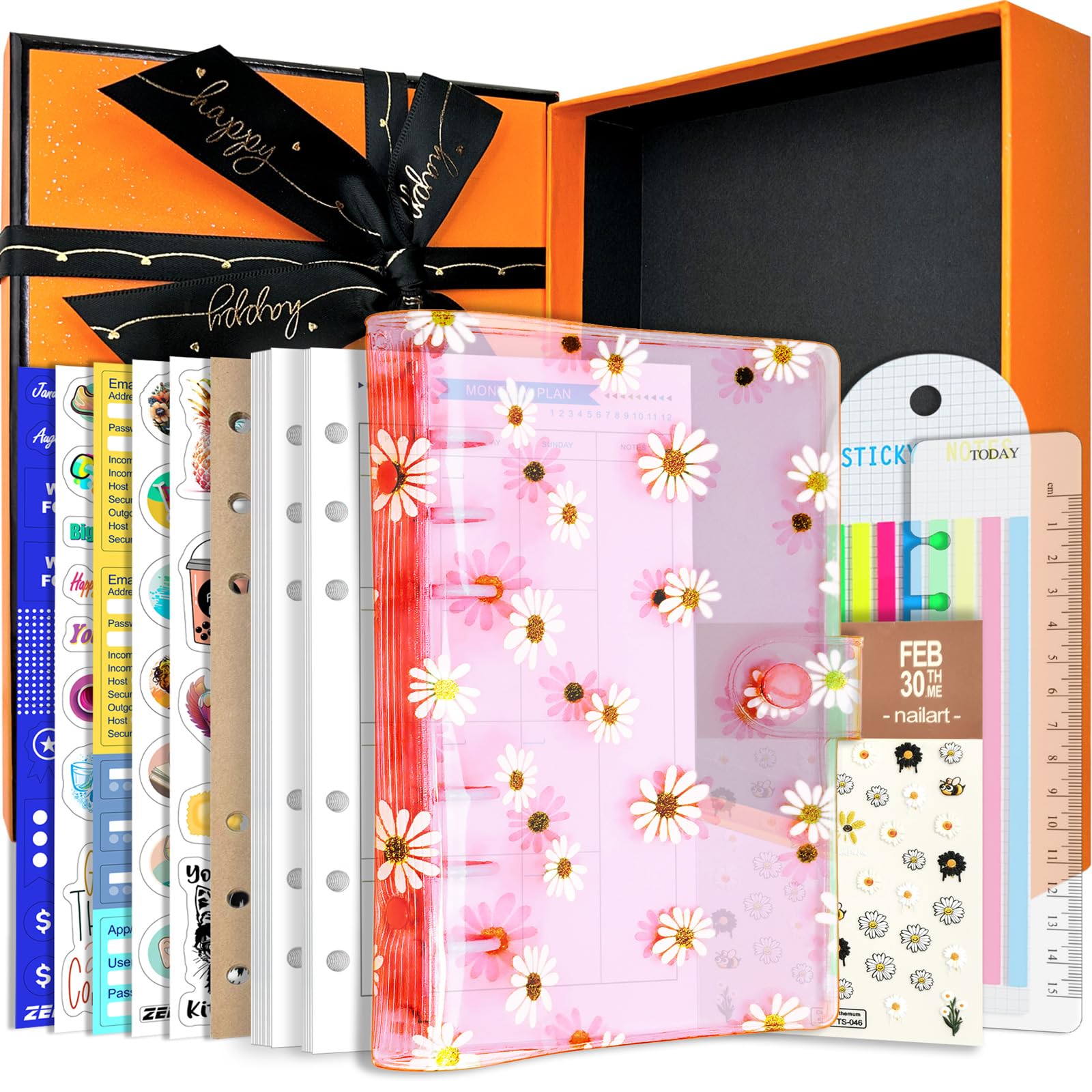 A6 6-Holes Colorful PVC Cover Round Ring View Binder with Snap Button Closure File Folder(Pink Daisy, A6 Gift Box)