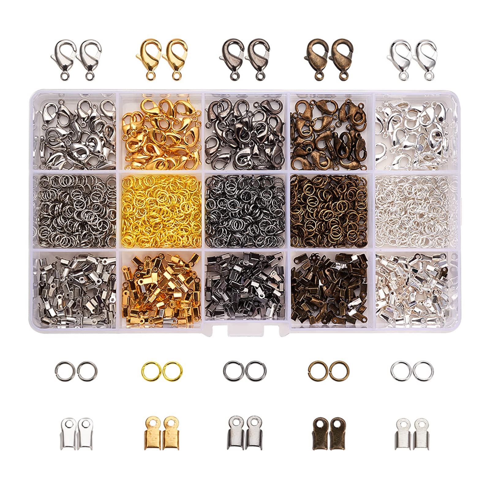 PH PandaHall 1800 Pcs Jewelry Finding Kits, 5 Colors Cord Ends Lobster Claw Clasps 5mm Jump Rings for Earring Bracelet Necklace Pendants Jewelry DIY Craft Making, 24 Styles/Set