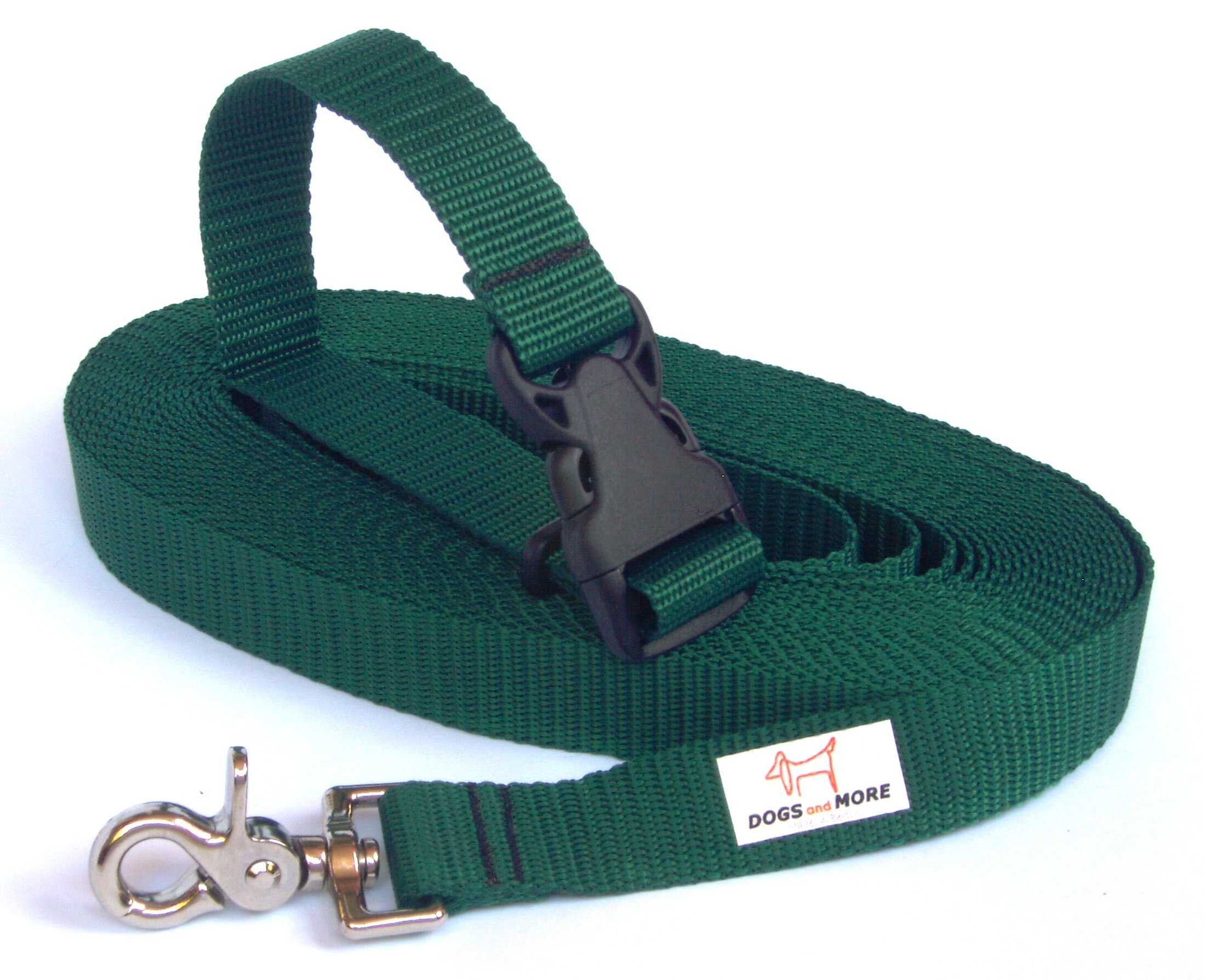 DOGS and MORE – EXTENDABLE Tracking/Training/Recall Leash with RELEASABLE wrist strap - 10 Meter (Green, 25 mm wide)