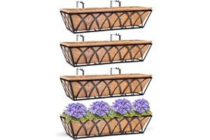 HFHOME 24 inch Window Deck Rail Planter with Coco Liner, 24" Dia Window Box Trough with Coconut Coir Liners, Black Metal Hanging Flower Planter Basket for Indoor Outdoor Lawn - Set of 4