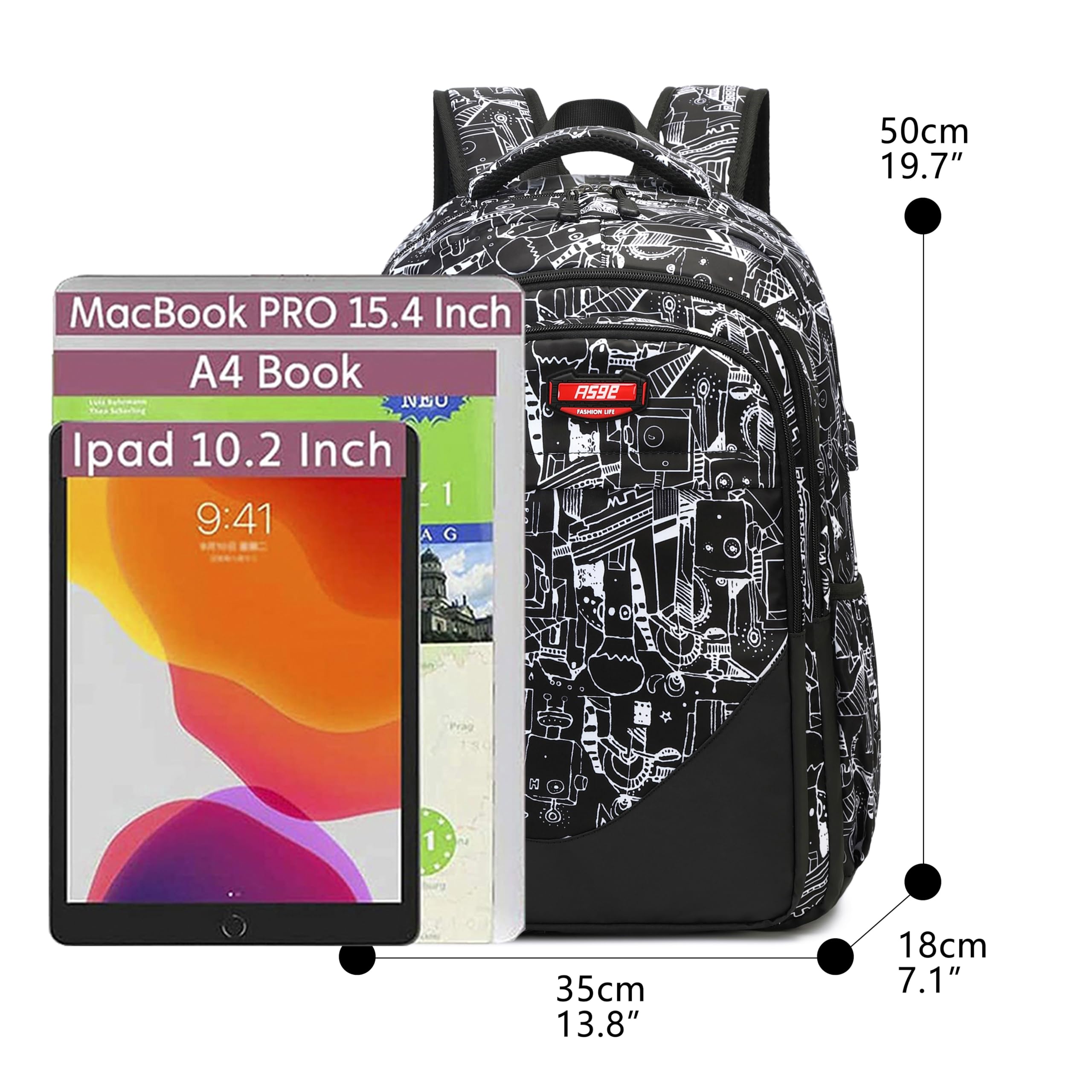 Asge Large Nylon Backpacks for Boys & Girls, Waterproof Satchel with Print, School Bags for 8-16 Years