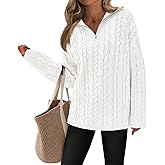 PRETTYGARDEN Womens Spring Sweaters 2026 Long Sleeve Quarter Zip Pullover Sweater Casual Loose V Neck Cable Knit Jumper Tops