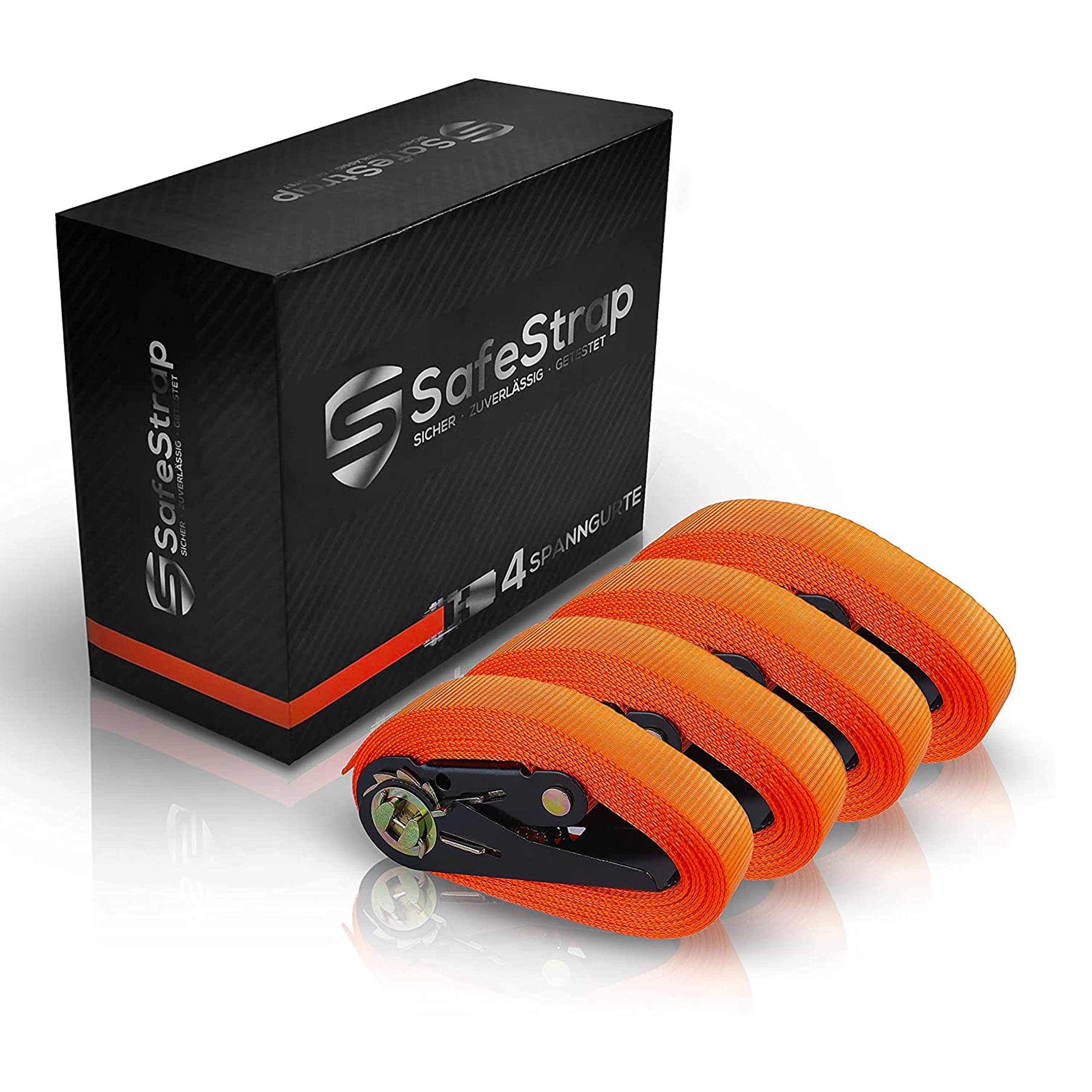SafeStrap Extremely Robust Tie Down Ratchet Straps - 1600kg capacity - 4 Pack 6m - EN 12195-2 Compliant Test Winner - Orange