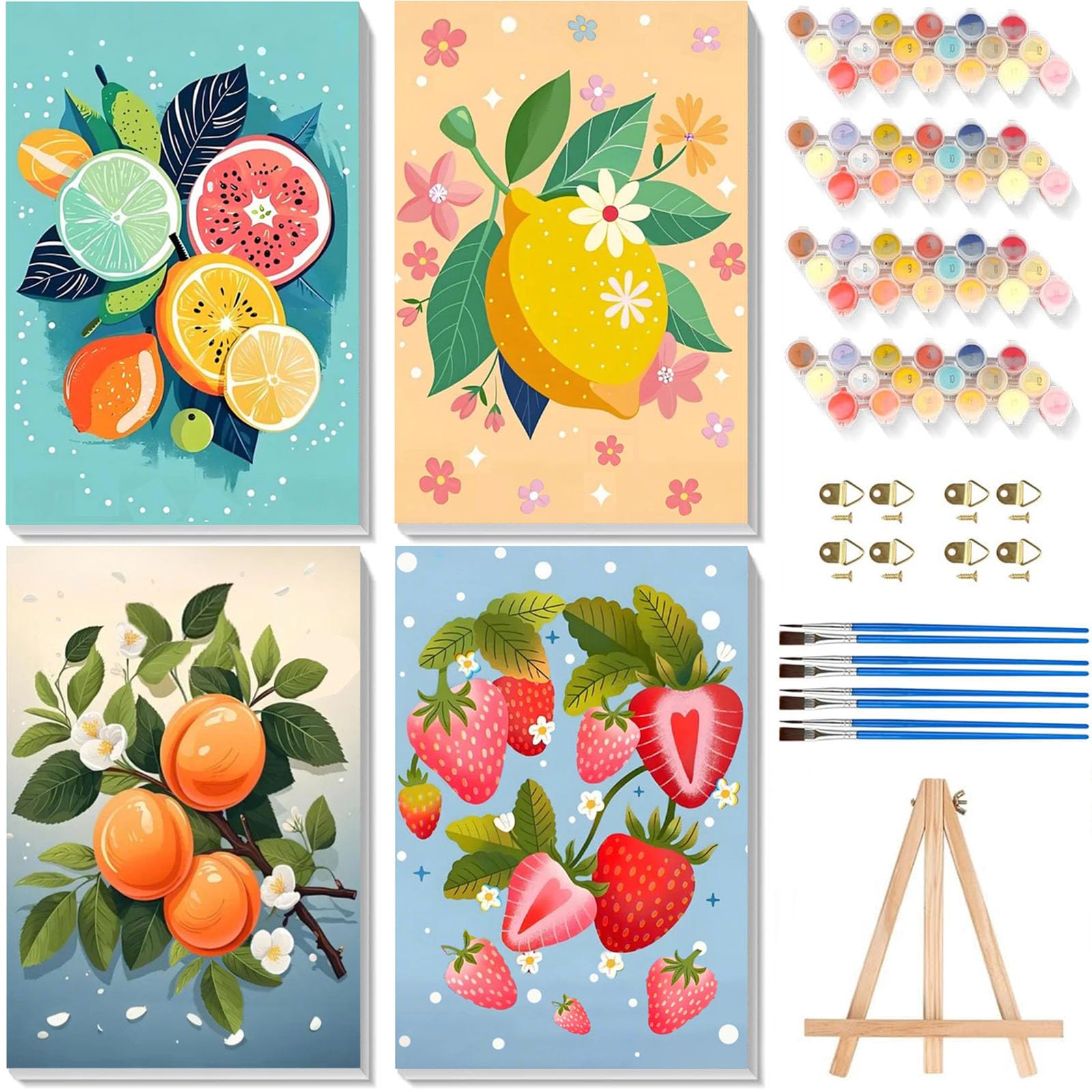 4 Pack Paint by Numbers for Adults with Framed Canvas & Wooden Easel, Fruit Painting by Number Kit Beginners on Canvas, DIY Easy Acrylic Oil Painting Kits with Brushes for Home Wall Decor (8x12 inch) — image 1