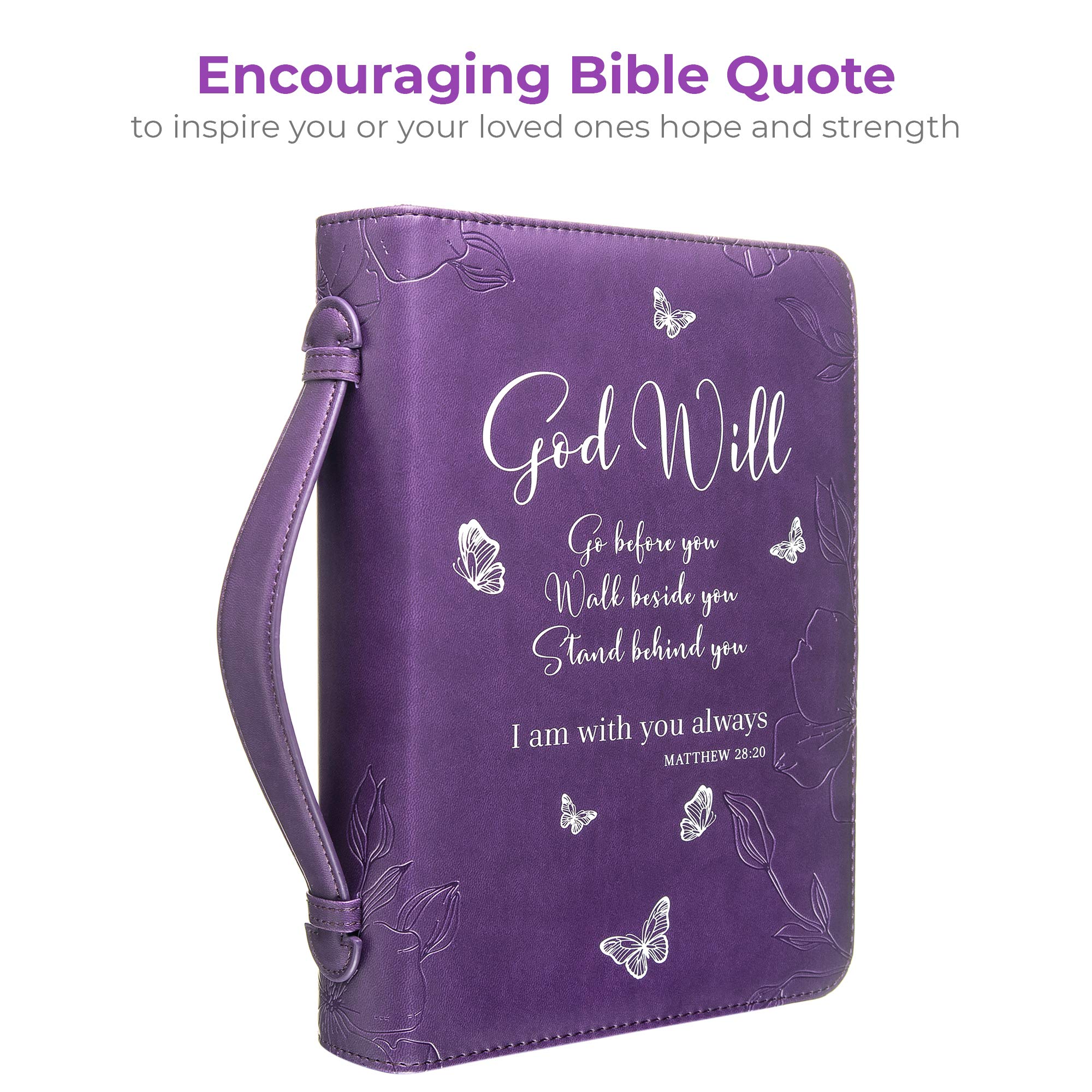Bible Cover - Book Case in Purple with Butterflies - Blessed - Perfect Christian Gift for Women and Girls - Fits Most Popular Bible Sizes (10 x 7 x 2.5 inches) - Faux PU Leather
