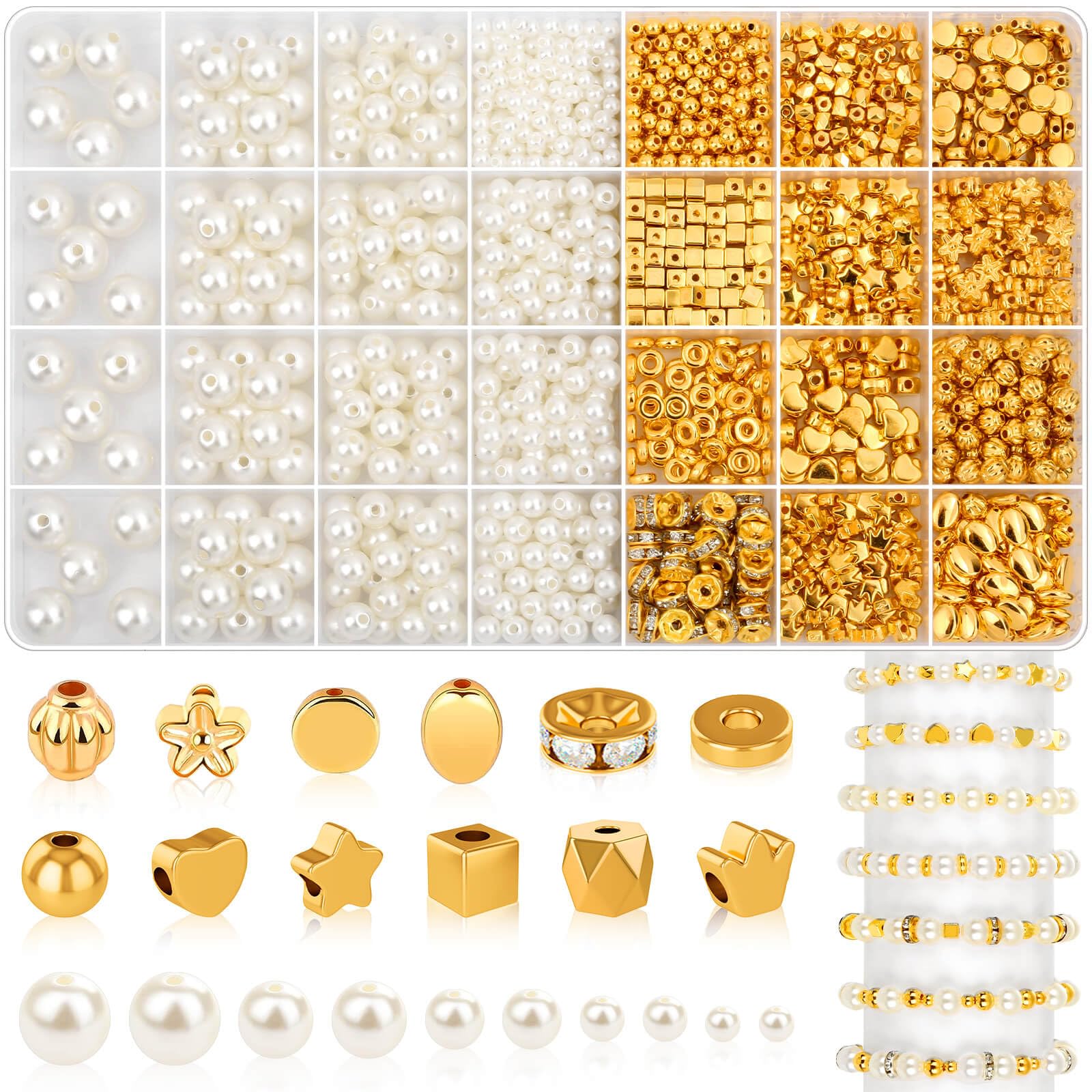 Photo 1 of 1352 Piece Gold Spacer and Pearl Beads for Bracelets, Assorted Gold and Pearl Beads for Jewelry Making