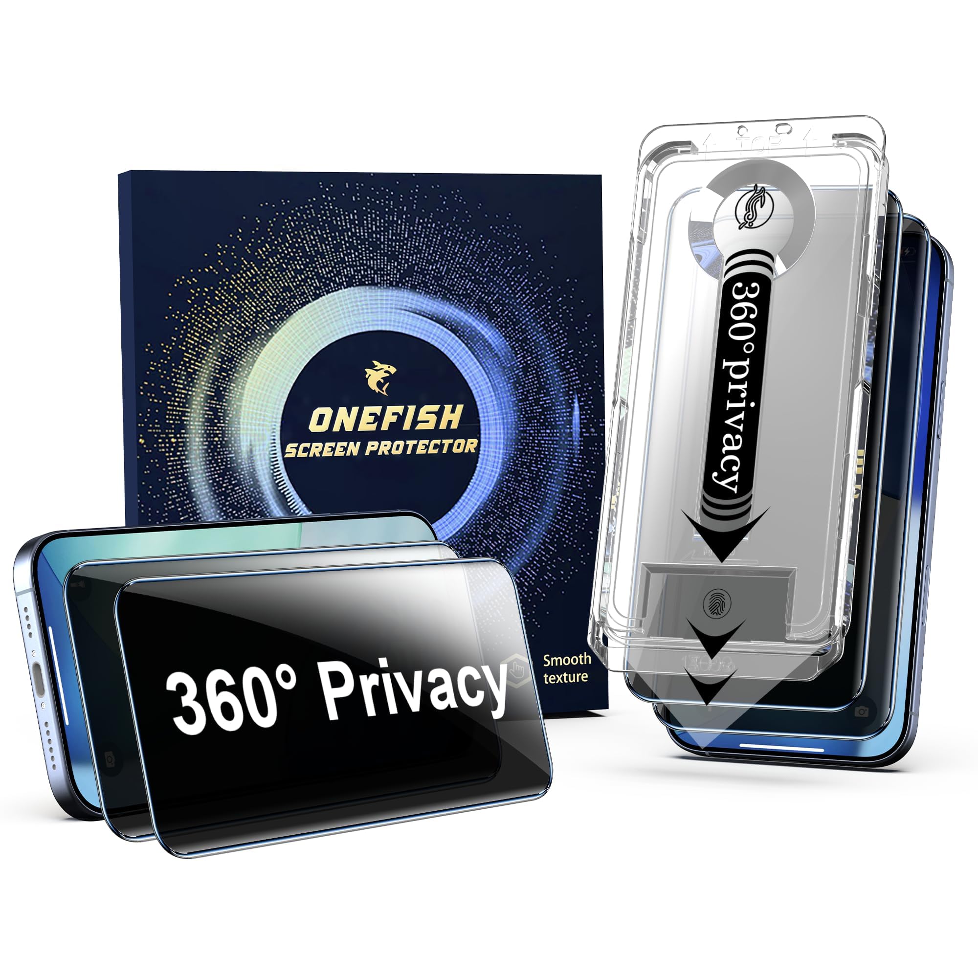 OneFish 2 Pack Screen Protector Privacy for iPhone 15ProMax-4 Way 360ｰ Anti-Spy Tempered Glass, 9H Hardness, 3D Curved Edges, Case-Friendly & Easy Installation