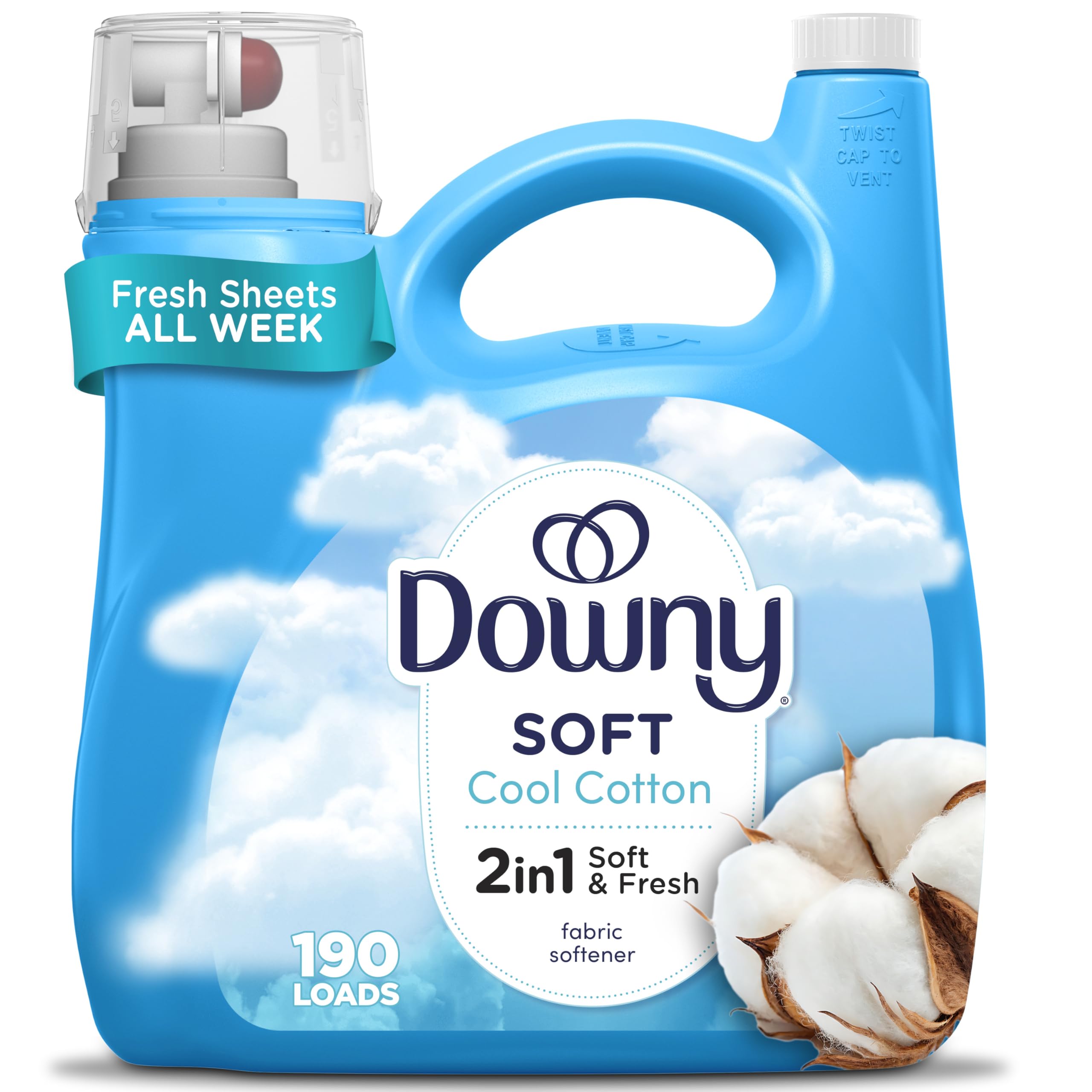 Downy Soft, 2 in 1 Soft and Fresh Liquid Fabric Softener, Cool Cotton, 140 fl oz, 190 Loads, Fabric Conditioner Liquid provides softness and freshness for fabrics