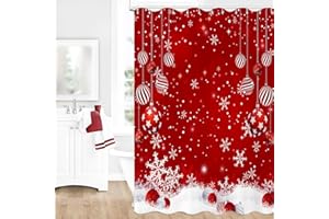 Caheansi Christmas Shower Curtain, Red Merry Xmas Glitter Sparkle Bokeh Snowflake Winter New Year Holiday Bathroom Curtain Waterproof Fabric Machine Washable with Hooks, 72" Wx72 L