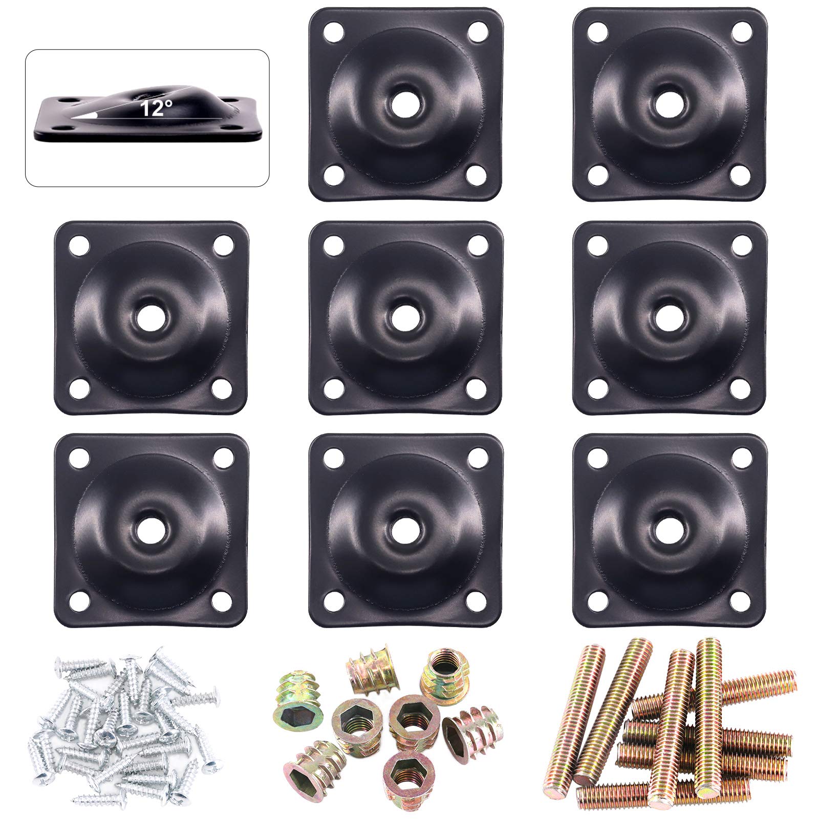 Glarks 8 Sets Black Furniture Leg Mounting Plates Set, 8Pcs 12 Degree Leg Attachment Plates with 40pcs 5/16" Hanger Bolts Screws for Furniture Sofa Couches Seats (12 Degree)