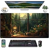 Anime Dark Green Plants Desk Mat Cute XXL Large Extended Mouse Pad Gaming, Lofi Aesthetic Computer Laptop Keyboard and Mouse Mat, Desk Accessories for Women Office Decor Mousepad, 31.5x15.75 in