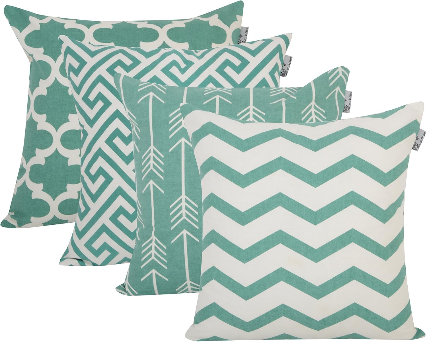 ACCENTHOME Square Printed Cotton Cushion Cover,Throw Pillow Case, Slipover Pillowslip for Home Sofa Couch Chair Back Seat,4pc Pack 18x18 in Teal Color