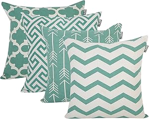 ACCENTHOME Square Printed Cotton Cushion Cover,Throw Pillow Case, Slipover Pillowslip for Home Sofa Couch Chair Back Seat,4pc Pack 18x18 in Teal Color