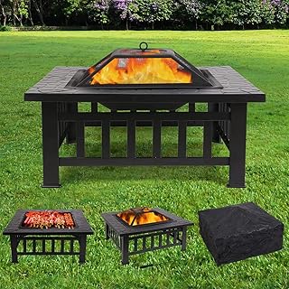 femor Feuerstelle mit Grillrost 81x81x45cm, Multifunktional Fire Pit für Heizung/BBQ, Garten Terrasse Feuerschale,Quadratisch Metall Feuerkorb mit wasserfeste Schutzhülle,Tolles Geschenk Festtag