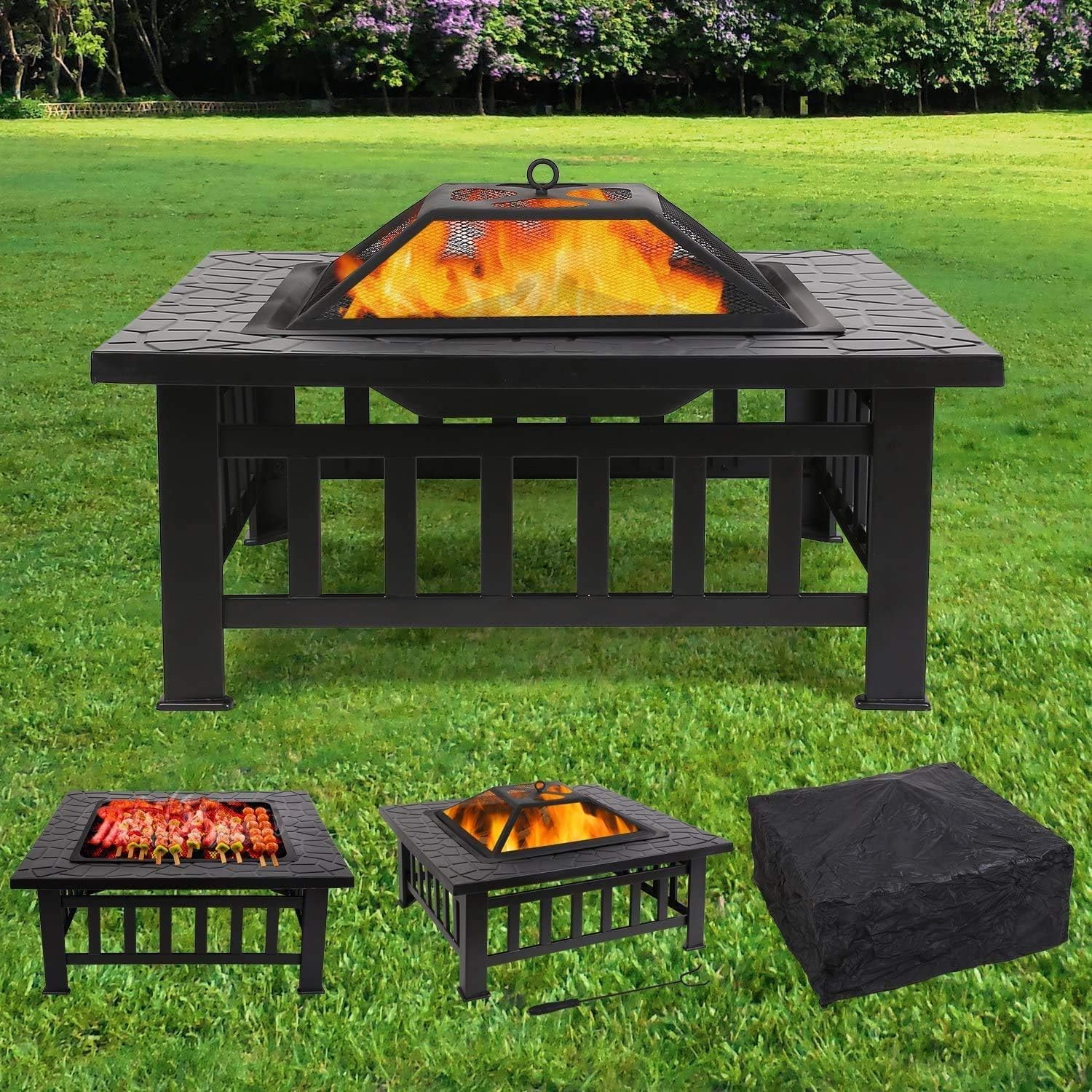 femor Feuerstelle mit Grillrost 81x81x45cm, Multifunktional Fire Pit für Heizung/BBQ, Garten Terrasse Feuerschale,Quadratisch Metall Feuerkorb mit wasserfeste Schutzhülle,Tolles Geschenk Festtag