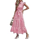 Caracilia Womens Summer Casual Ruffle Cap Sleeve Maxi Dress Button Down Striped Plaid Tie Waist Vacation Long Shirt Dresses