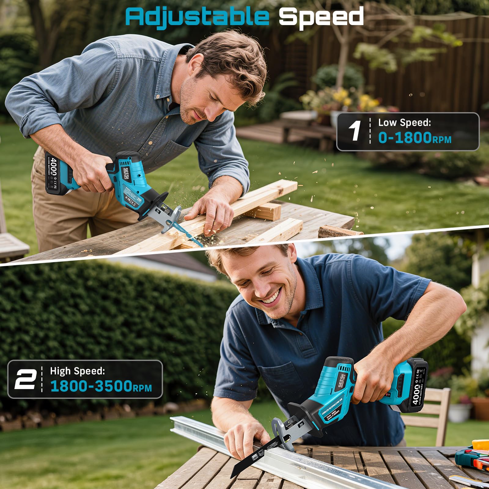 SEESII Säbelsäge Akku, 3500 RPM Bürstenloser Motor Akku Universalsäge mit 2 x 4.0Ah Batterien, LED Licht, 6 Sägeblätter tragbar für Holz PVC Schneiden 7