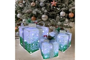 MEETJOYANCY Lighted Gift Boxes Set of 3, Green White St Patricks Day Decorations Gift Box with Pine Cone, Prelit 60 White Lights Present Box Lighted Display with Plug Home Porch Outdoor Yard Decorations-Green