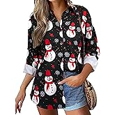 Christmas Shirts Women Funny Snowman Graphic Long Sleeve T-Shirts Cute Santa Printed V-Neck Button Up Tees Tops